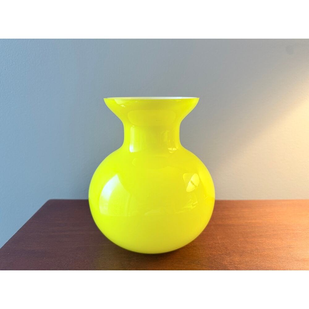 Retired Crate & Barrel Zest Vase Lemon Yellow Hand-Blown Glass White Interior